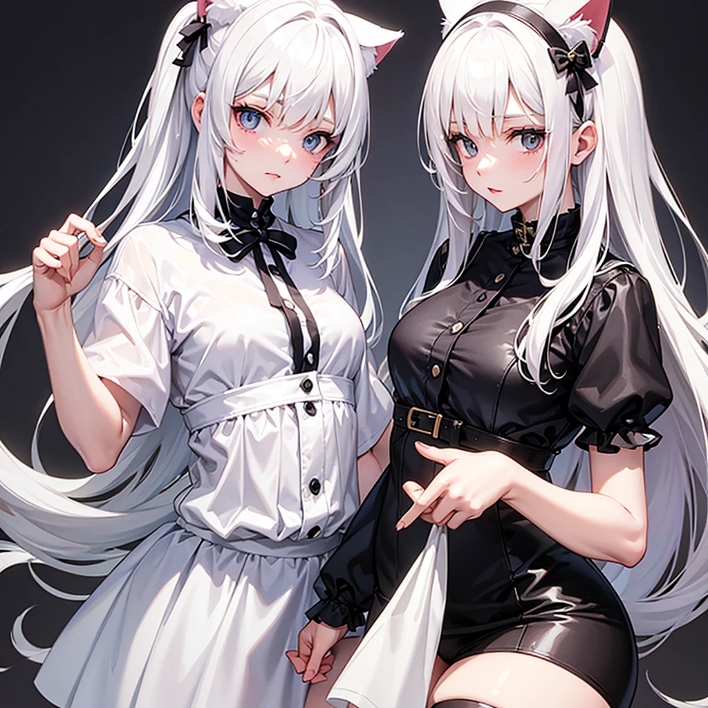 White haired girl has cat horns,  in cute clothes