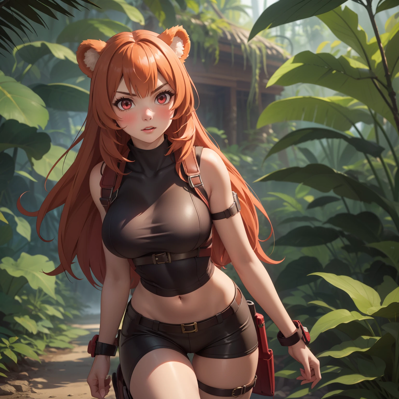 Raphtalia woman 20 years old straight orange hair , rounded bear ears, red eyes like ruby., serious expression, blush,  pale skin, big breasts, tight explorer clothing, Lara Croft. background a temple in the jungle.