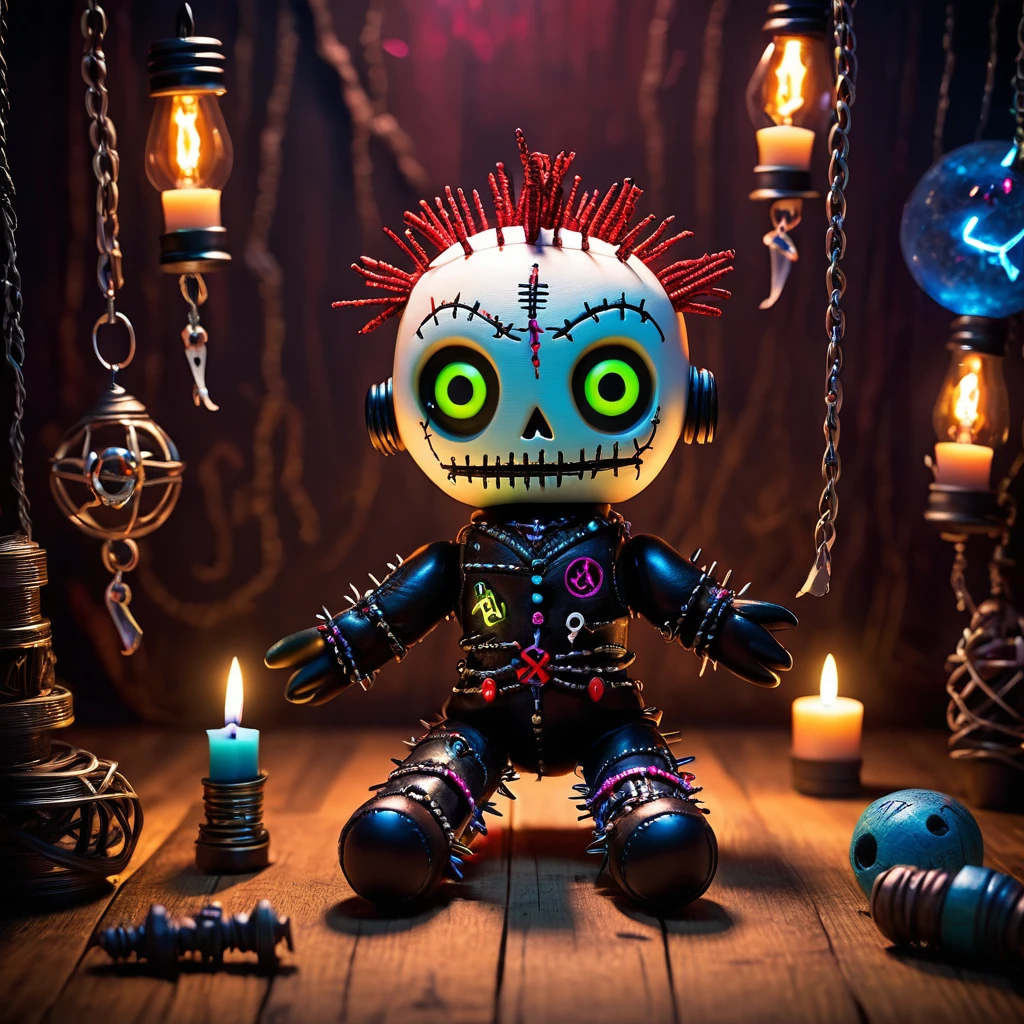 (knitted toy voodoo doll:1.9), (Voodoo Pinhead:1.3), (Clothing: leather outfit with glowing pain symbols:1.0), (Accessories: enchanted puzzle box emitting sparks of torment magic, levitating spectral chains:1.1), (background: dark labyrinth with floating spikes, glowing portals, and spectral cenobites:1.2), best quality, masterpiece, detailed soft oil painting, detailed background, dramatic cinematic lighting, soft edge lighting, professional, dramatic lighting, hard edge lighting, ultra quality, 4k,masterpiece, best quality, 8k, ultra highres, highres, extremely detailed