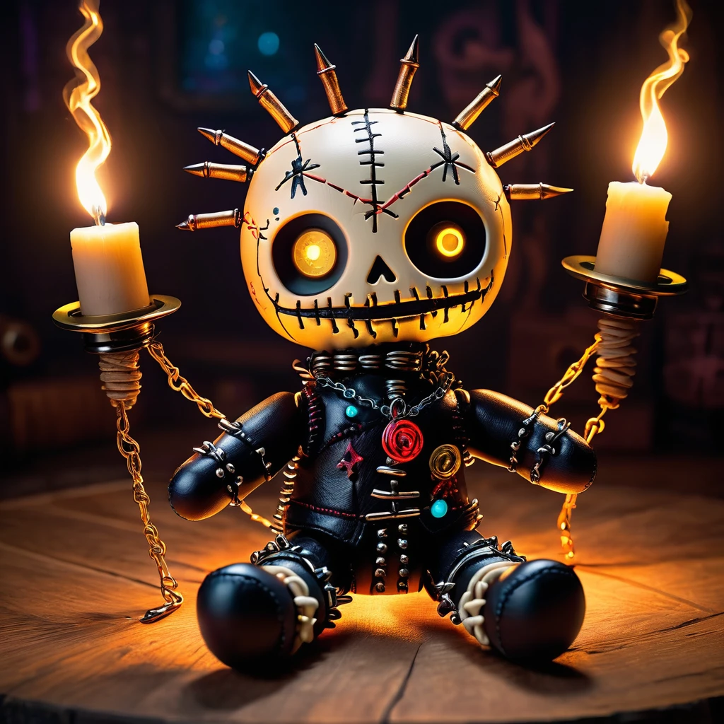 (knitted toy voodoo doll:1.9), (Voodoo Pinhead:1.3), (Clothing: leather outfit with glowing pain symbols:1.0), (Accessories: enchanted puzzle box emitting sparks of torment magic, levitating spectral chains:1.1), (background: dark labyrinth with floating spikes, glowing portals, and spectral cenobites:1.2), best quality, masterpiece, detailed soft oil painting, detailed background, dramatic cinematic lighting, soft edge lighting, professional, dramatic lighting, hard edge lighting, ultra quality, 4k,masterpiece, best quality, 8k, ultra highres, highres, extremely detailed