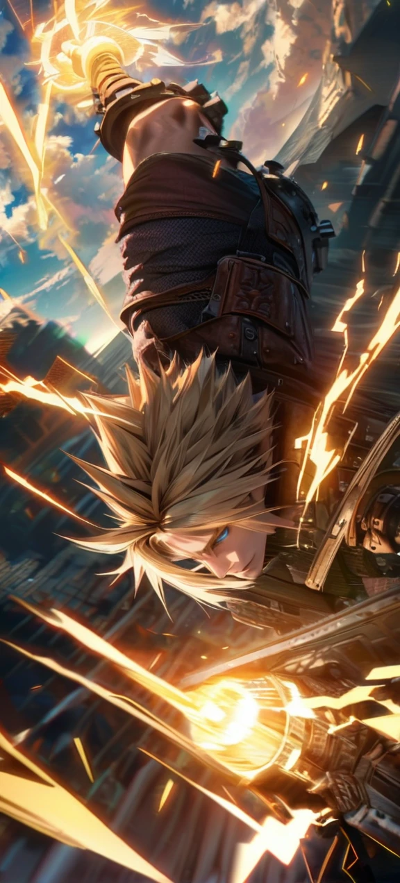 Symetrical,absurdres, highres, ultra detailed, HDR, masterpiece, extremely detailed face and eyes, Cloud Strife,final fantasy 7, yellow hair , , solo, man, handsome, ,, ,Epic fight scene, yellow lightning effect, glowing glitters, symetrical , 