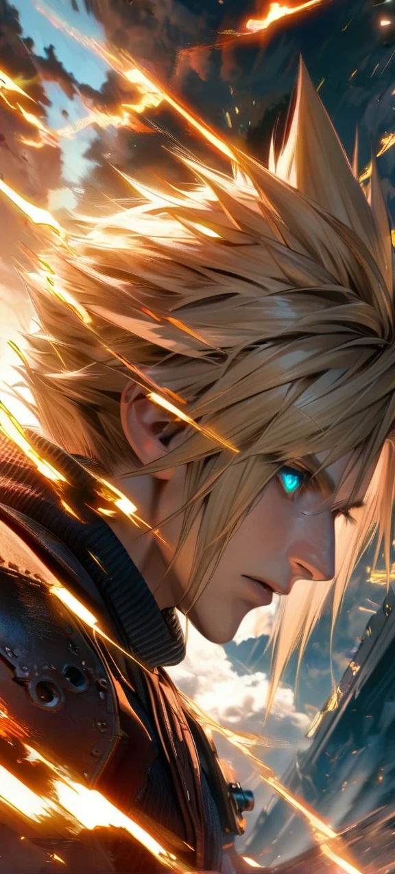 Symetrical,absurdres, highres, ultra detailed, HDR, masterpiece, extremely detailed face and eyes, Cloud Strife,final fantasy 7, yellow hair , , solo, man, handsome, ,, ,Epic fight scene, yellow lightning effect, glowing glitters, symetrical , 