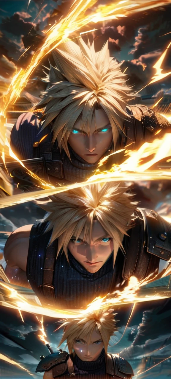 Symetrical,absurdres, highres, ultra detailed, HDR, masterpiece, extremely detailed face and eyes, Cloud Strife,final fantasy 7, yellow hair , , solo, man, handsome, ,, ,Epic fight scene, yellow lightning effect, glowing glitters, symetrical ,