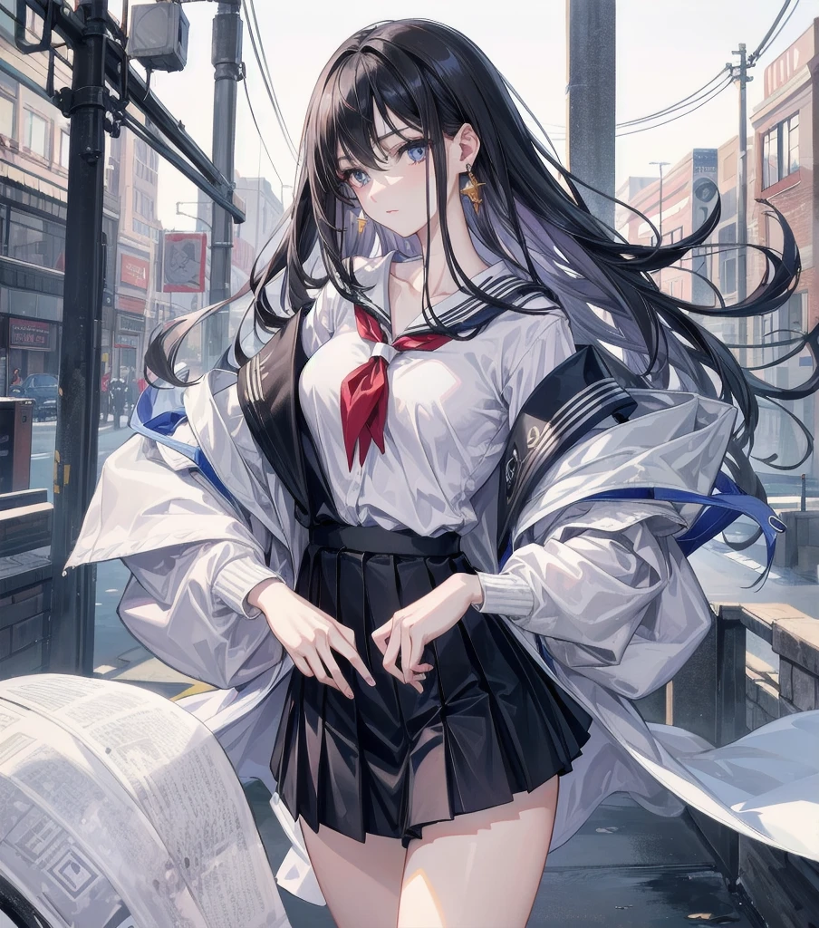 absurdres, RAW photo, extremely delicate and beautiful, masterpiece, Best Quality, ultra high resolution, 32k, hyperrealistic, ultra-detailed, perfect anatomy, super Detailed skin, perfect figure, Japanese woman, late 20s, very Slim body, narrow waist, very small head, handsome detailed woman, very detailed eyes and face, realistic face proportions, Stunning detailed eyes, Realistic beautiful face, very small face, Realistic small beautiful eyes, tearful mole, earring, beautiful and very thin legs, beautiful and very thin thighs, ((very huge round breasts)), medium hair, black hair, (full body shot), bare Collarbone, ((((school_uniform)))), ((outdoor)),