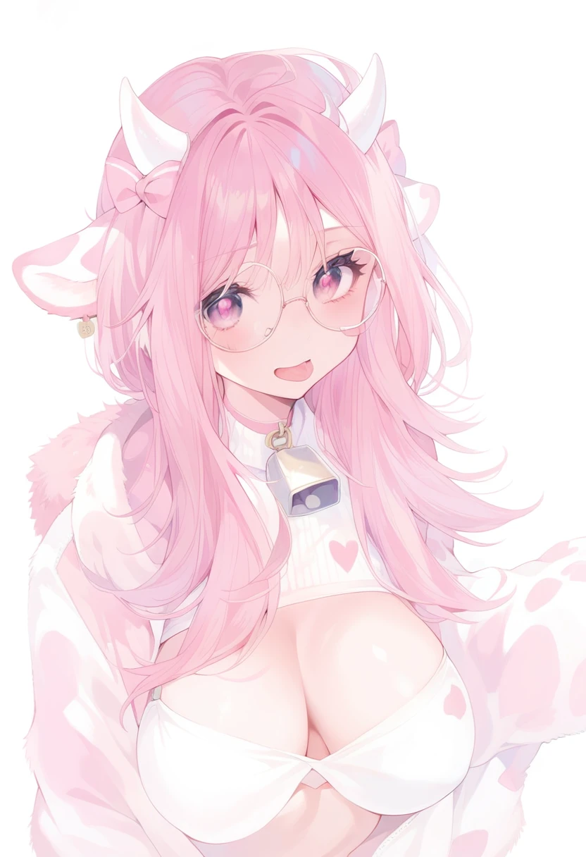 IMVU, pink hair, pink heart eyes, white round glasses, pale skin, white and pink cow ears, white horns with pink bows, fuzzy white jacket with pink spots, pink cowbell choker, kawaii, soft, high quality, masterpiece, 8k