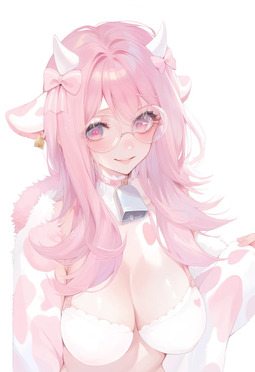 IMVU, pink hair, pink heart eyes, white round glasses, pale skin, white and pink cow ears, white horns with pink bows, fuzzy white jacket with pink spots, pink cowbell choker, kawaii, soft, high quality, masterpiece, 8k