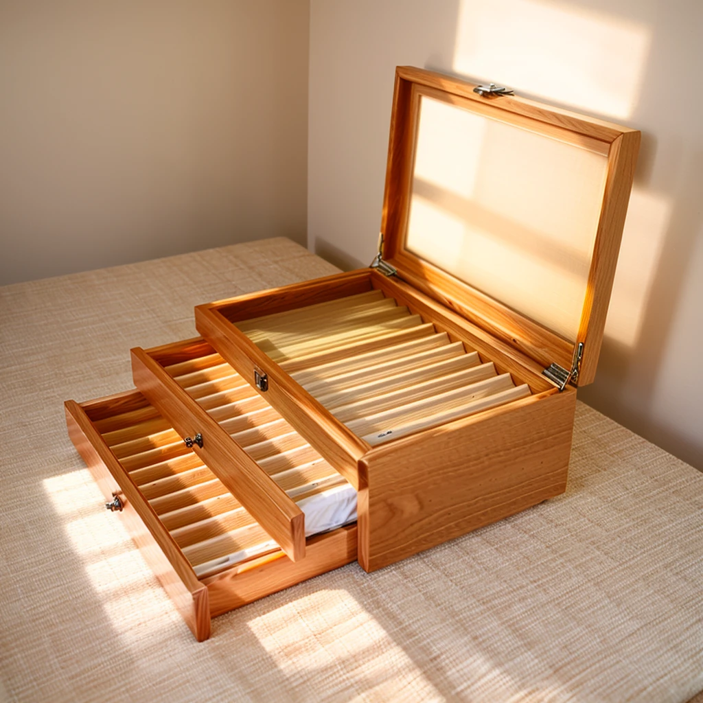 In this cozy room,A ray of sunlight shone through the half-drawn curtains on the table,Let the wood grain on the watch storage box shine with a faint luster。There was a calm and peaceful atmosphere in the air around them。There are several still lifes hanging on the walls of the room,It adds a touch of elegance to the space。And on the other side of the room,The half-open window lets in the breeze,The pages on the small desk by the window turned in the wind,This quiet scene gives a sense of tranquility and comfort。