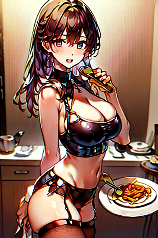 (dynamic angle:1.3, front view:1.1, breast focus:1.3, from above:1.1), (dynamic posing:1.2, sexy posing:1.2), (seductive smiling:1.3), ((holding Pasta on a plate,Taking the pasta out of the pan, worried about the outcome:1.2)),highest quality、(real、photorealistic:1.4),(ultra high resolution, 8K RAW photo, clear focus), best qualtiy, natural lighting, field depth, (Bright pupils, detailed beautiful eyes, high detailed face), Red lip, (tight focus:1.2), a girl 22yo old, Wearing a pastry chef uniform:1.3 , Thicc, thin breast, long hair, blue eyes,garter stocking, cleavage:1.2, midriff, black shorts, black thighhighs, thigh strap, pretty girl, (highly detailed beautiful face and eyes,firm breasts),real skin,((black,hair,long pony tail hair)),thin pubic hair,cute,lovely, detailed eyes,(double breasted:1.0,under bust:1.0),(with sparkling eyes and a contagious smile),open mouth, Looking at Viewer,A scene of make cooking Carbonara Pasta  in the kitchen
