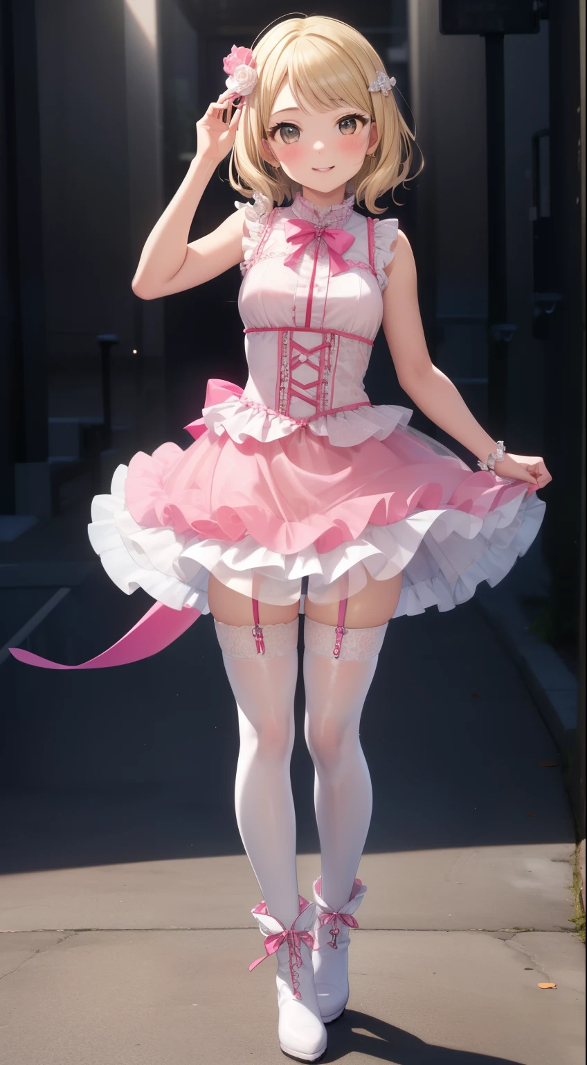masterpiece, best quality, highly detailed, ultra high res, ayase arisa, 1girl, solo, hazel eyes, hair ornament, short ash blonde hair, (side tail), light smile, glossy lips, sleeveless idol dress, very puffy skirt, flared skirt, (see-through skirt:1.3), pink thigh highs, white heeled boots, full body