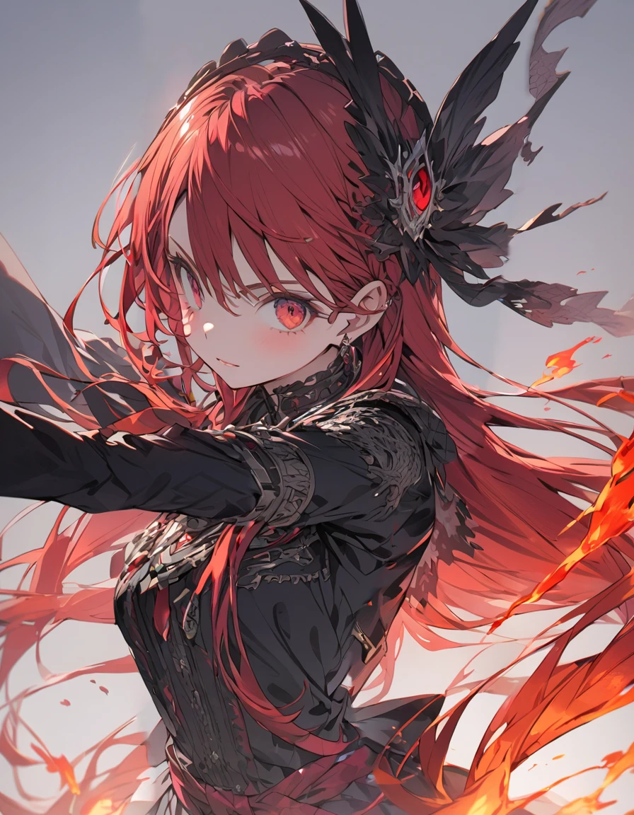 Detailed description Girl Very long red hair Intense flames all over