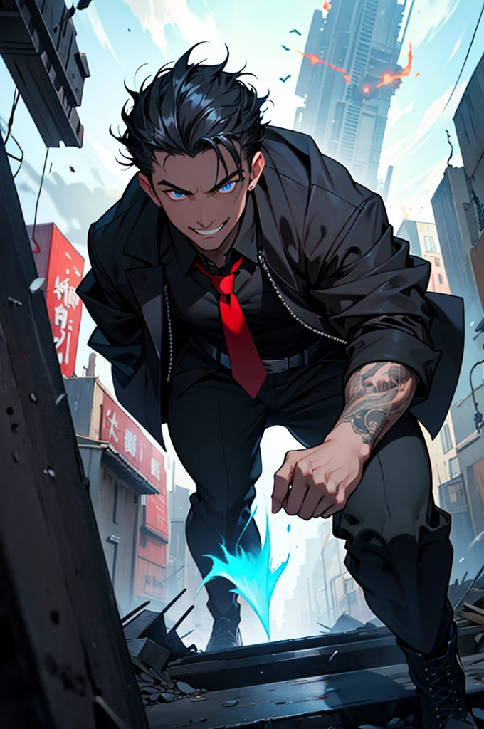 (Absurd, High resolution, Ultra-detailed), masterpiece, Highest quality, A man wearing black clothes and a black cloak, Has a black hole ,Holding a black hole in hand , 公式characterアート, short hair, Black Hair, Glowing blue eyes, Finely grained, Spiky Hair, City in Ruins, Dark Background, Black Swirl, Black swirl, Looking up from below, Looking up, Grin, character , White shirt , Red tie