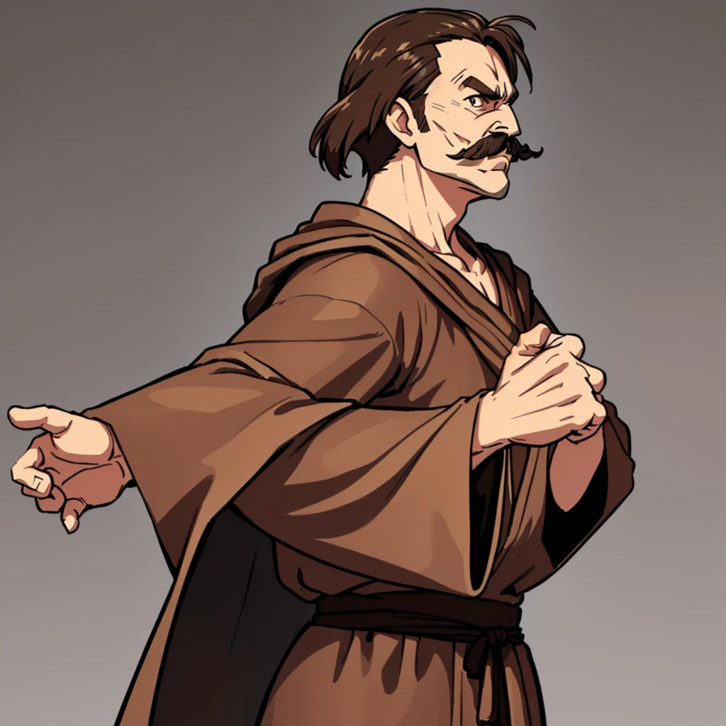 ((((Solo))))、Highest quality, Best Quality,Best illustrations、middle ages、(((Simple brown robe)))、(40-year-old uncle、mature、Kaiser moustache)、(Cool expression)、Fighting stance、(From the side、profile)