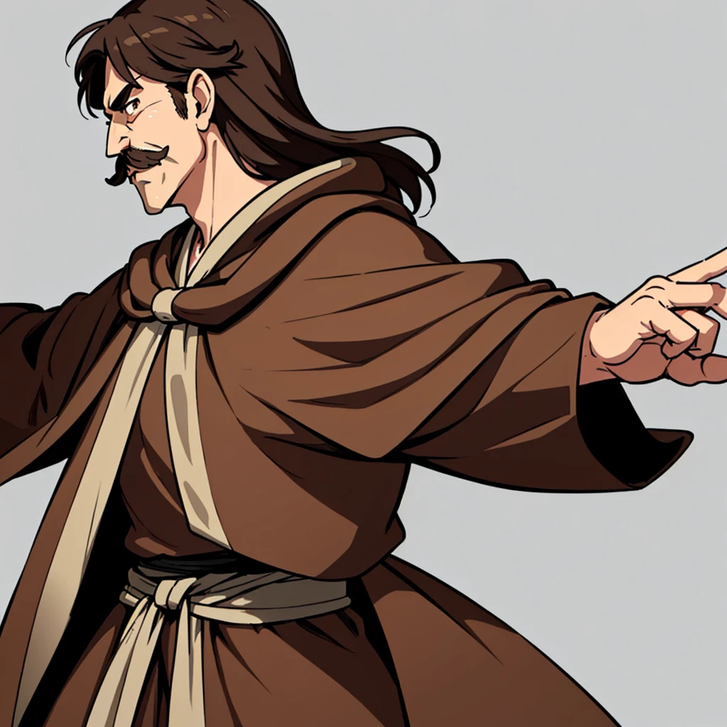 ((((Solo))))、Highest quality, Best Quality,Best illustrations、middle ages、(((Simple brown robe)))、(40-year-old uncle、mature、Kaiser moustache)、(Cool expression)、Fighting stance、(From the side、profile)