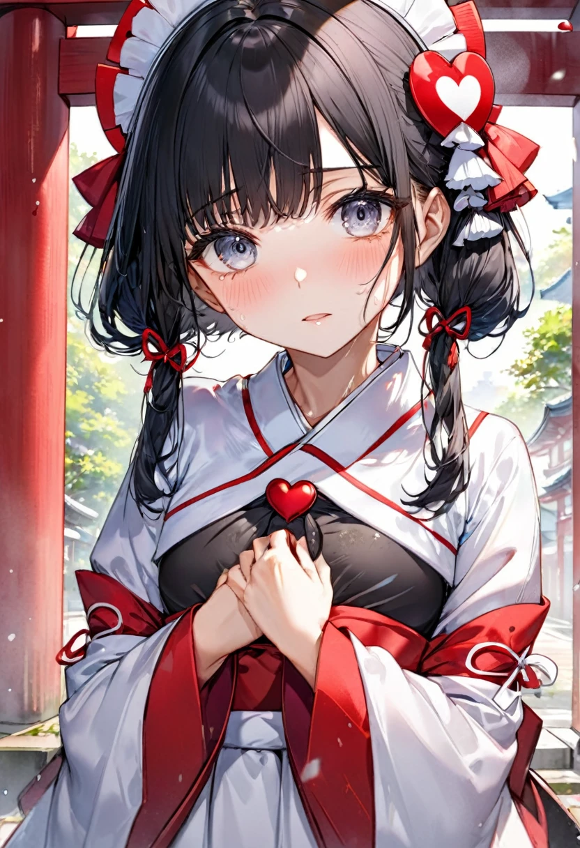 (sweaty skin) (standing, in the Fukuoka hakata city), (pov close up face) solo:2, 15 yo, ((blunt bangs)) (black hair long hair panic:1.4 shrine maiden girl), (((heart shaped pupils gray eyes))), hand put on own chest, in a shrine maiden clothes, BREAK, perfect anatomy, masterpiece, best quality, 16k, beautiful detailed grow, daydreaming expression.