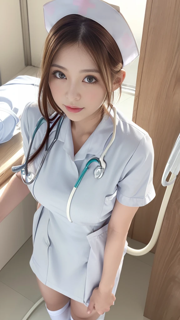 (masterpiece, Highest quality:1.2),alone,The eyes are exquisite and delicate,Long auburn hair、Pink Lips,blue eyes,Big Breasts、Wavy Hair、(((White nurse uniform:1.5)))、Japanese