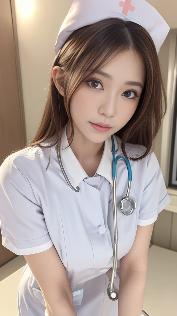 (masterpiece, Highest quality:1.2),alone,The eyes are exquisite and delicate,Long auburn hair、Pink Lips,blue eyes,Big Breasts、Wavy Hair、(((White nurse uniform:1.5)))、Japanese