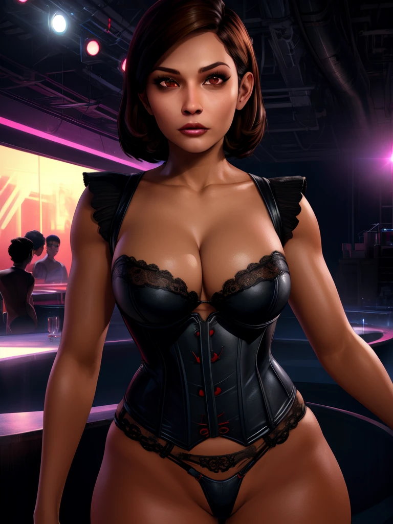 samantha,  brown hair, brown eyes, 
red corset,  cleavage,   black thong, 
standing, upper body,  
nightclub,   
(insanely detailed, beautiful detailed face,beautiful detailed eyes, masterpiece, best quality) , solo,
 