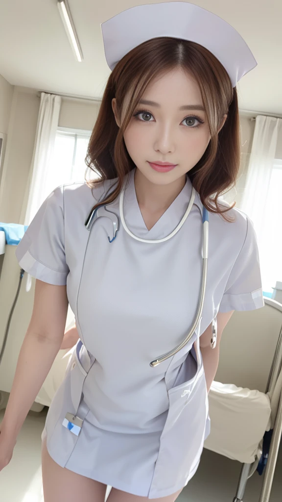 (masterpiece, Highest quality:1.2),alone,The eyes are exquisite and delicate,Long auburn hair、Pink Lips,blue eyes,Big Breasts、Wavy Hair、(((White nurse uniform:1.5)))、Japanese