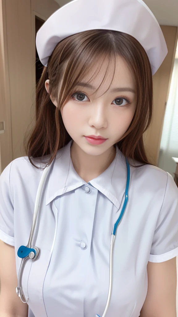 (masterpiece, Highest quality:1.2),alone,The eyes are exquisite and delicate,Long auburn hair、Pink Lips,blue eyes,Big Breasts、Wavy Hair、(((White nurse uniform:1.5)))、Japanese