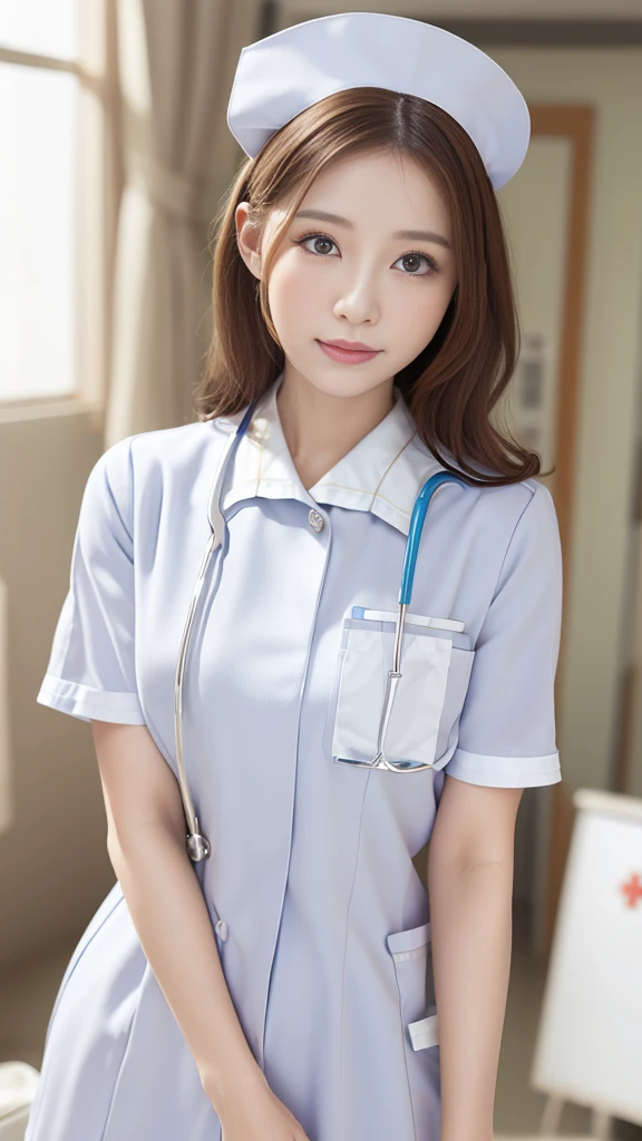 (masterpiece, Highest quality:1.2),alone,The eyes are exquisite and delicate,Long auburn hair、Pink Lips,blue eyes,Big Breasts、Wavy Hair、(((White nurse uniform:1.5)))、Japanese