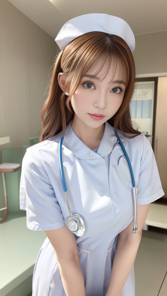 (masterpiece, Highest quality:1.2),alone,The eyes are exquisite and delicate,Long auburn hair、Pink Lips,blue eyes,Big Breasts、Wavy Hair、(((White nurse uniform:1.5)))、Japanese