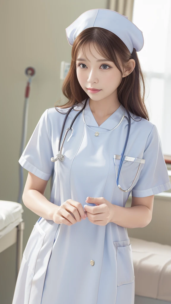 (masterpiece, Highest quality:1.2),alone,The eyes are exquisite and delicate,Long auburn hair、Pink Lips,blue eyes,Big Breasts、Wavy Hair、(((White nurse uniform:1.5)))、Japanese