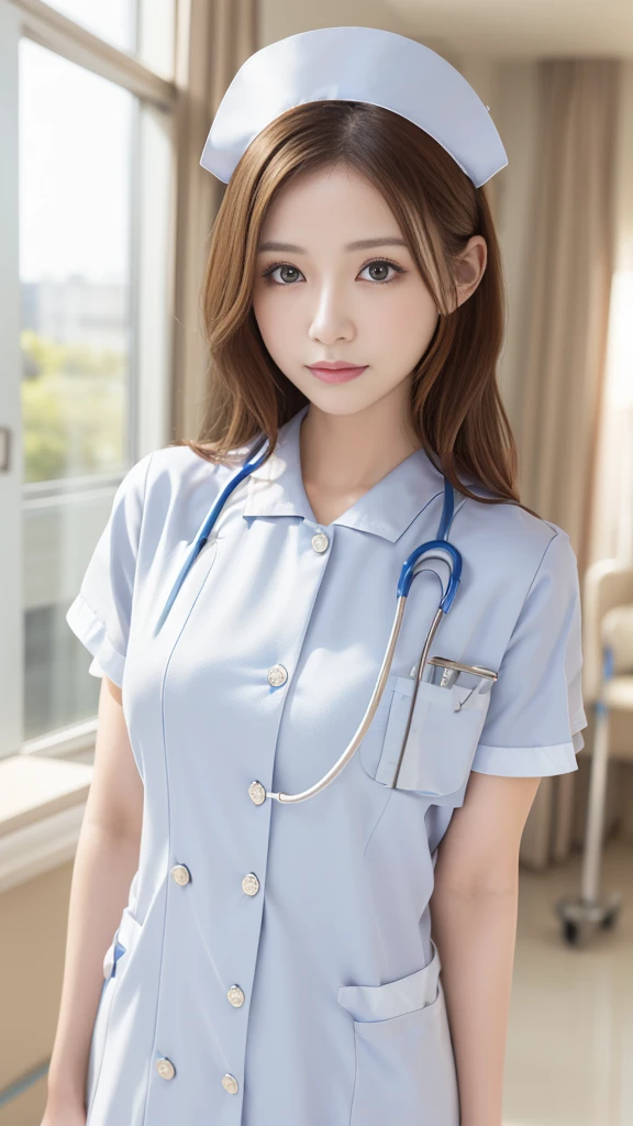 (masterpiece, Highest quality:1.2),alone,The eyes are exquisite and delicate,Long auburn hair、Pink Lips,blue eyes,Big Breasts、Wavy Hair、(((White nurse uniform:1.5)))、Japanese