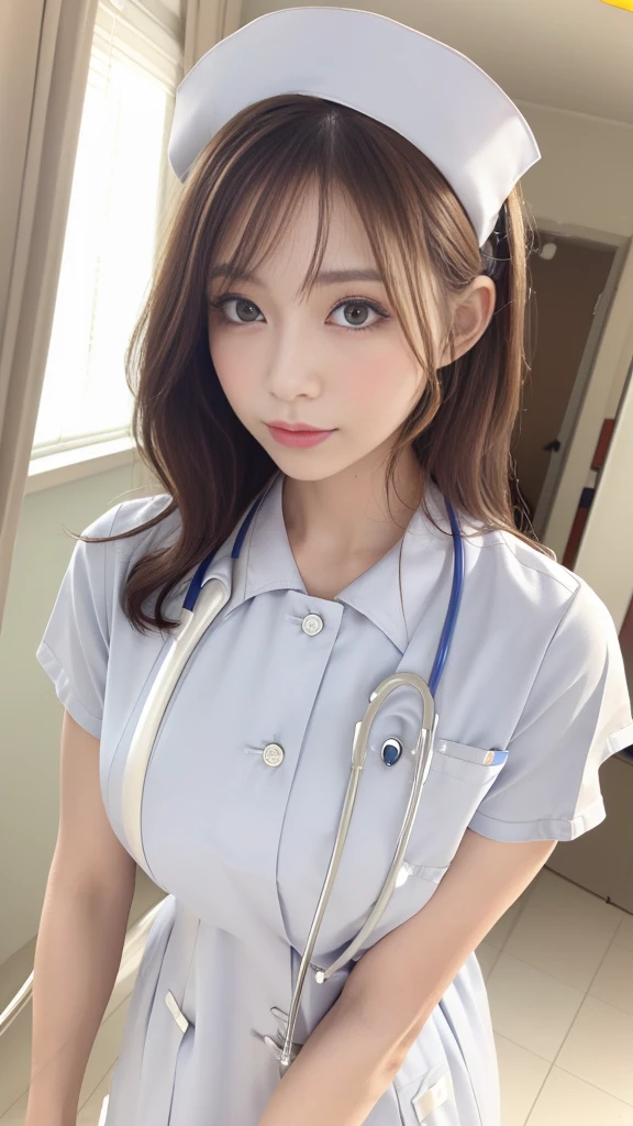 (masterpiece, Highest quality:1.2),alone,The eyes are exquisite and delicate,Long auburn hair、Pink Lips,blue eyes,Big Breasts、Wavy Hair、(((White nurse uniform:1.5)))、Japanese