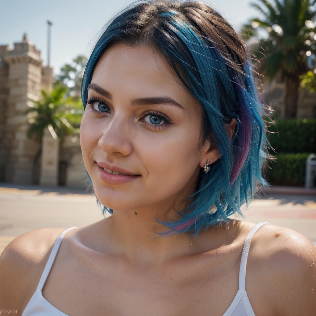 30 year old female, blue hair, Cool style shave, one sided shave, blue eyes, messy Haircut, disney, casual wear, infront of splash mountain at magic kingdom in Orlando florida, nose stud, Multiple Ear Piercings, lights, Award winning full body shot, Generate hyper realistic image, full body image, (((vibrant colors))), Long Shot, full body, (((Realistic photograph))), cute face, smirk, Mesmerizing, depth of field, ( gorgeous:1.2), detailed face, detailed nose, soothing tones, (natural skin texture, hyperrealism, soft light, sharp), ((very detailed eyes)), pores in the skin, extremely Realistic, (((Perfect Hands))), real hands, photo of perfect eyes, Masterpiece, REALISTIC, photorealistic, HD, 8K,photorealistic, intricate details, HDR, beautifully shot, hyperrealistic, sharp focus,  megapixels, perfect composition, high contrast, cinematic, atmospheric, smiling,