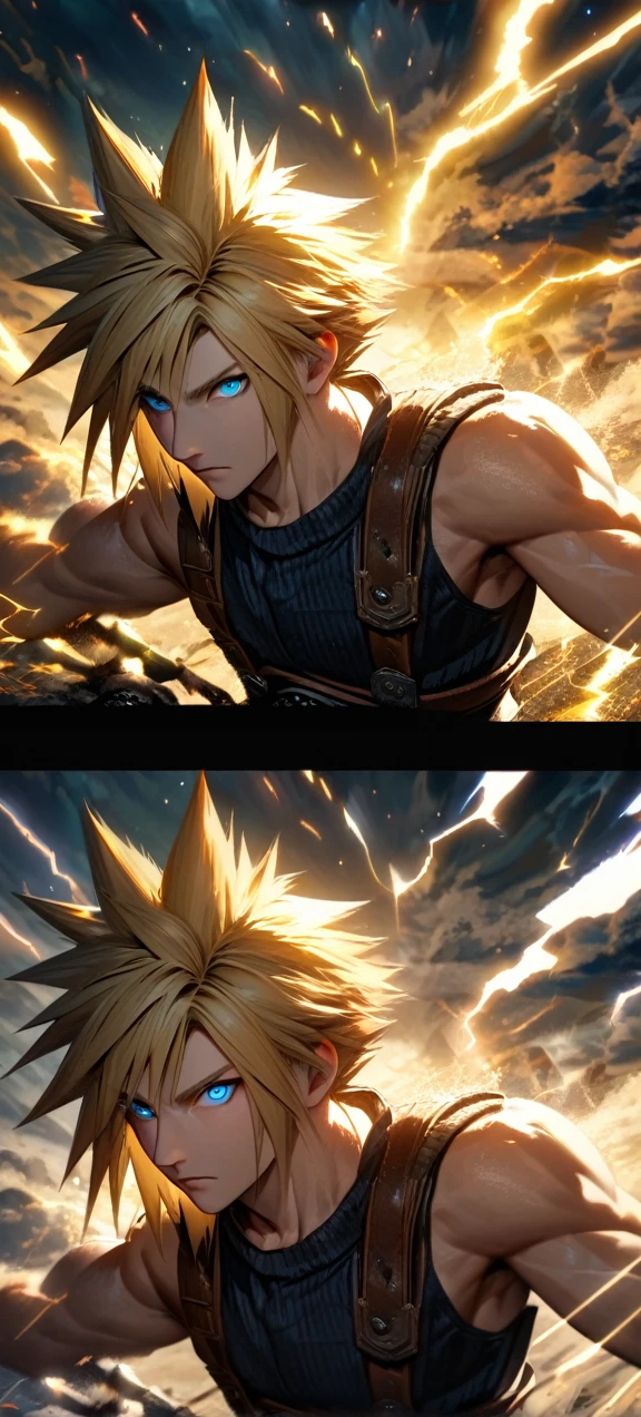 Symetrical,absurdres, highres, ultra detailed, HDR, masterpiece, extremely detailed face and eyes, Cloud Strife,final fantasy 7, yellow hair , , solo, man, handsome, ,, ,Epic fight scene, yellow lightning effect, glowing glitters, symetrical ,