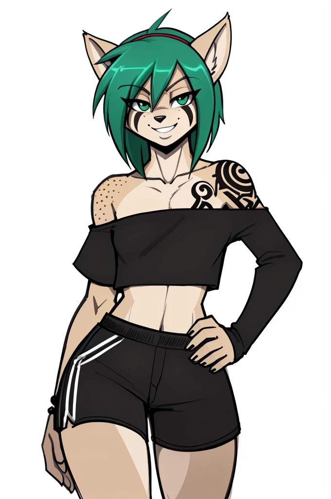 (adult, sketch-ish, 2d, absurdres, cel-shaded, best quality, uploaded on e621, trending on deviantart:1.5), (by john joseco:1.3), (by drako1997, by kadath, by bigdad, by scappo, by shonuff:1.1), (by zeekzag:1.4), (by scappo, by kanel), [by pgm300], (((white background, no background, no lighting, flat color:1.4))),(cute, adult, male, femboy anthro red panda, solo, feminine), ((beige body, beige fur:1.5)), (sea green eyes), ((medium-length hair, baja white hair, shadow green hair, gradient hair, hair colors blending together)), [hair over eye], ((off the shoulder crop top, shorts, black shorts)), (curvy figure, very flat chested), (tattoos), hands sassly on hips, breastless, anime style, sly pose, sly grin, (hariband:1.3), facial freckles