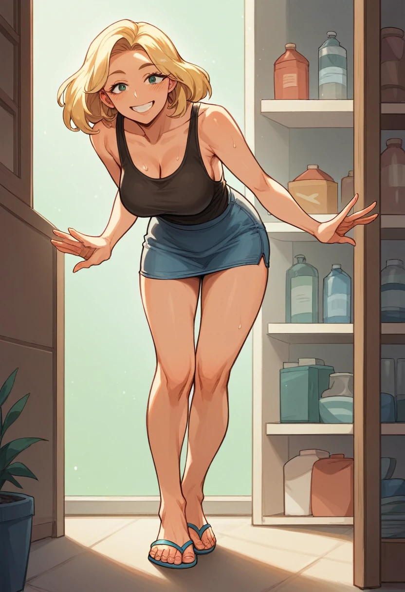 From behind, reaching for top shelf, lifelike, high - resolution, full body, sexy milf with a perfect body, amazing beauty, extraordinarily attractive, Super fine face and eyes, perfect face, beautiful smile, blonde hair, long dark tank top, natural big brazilian booty hanging out of mini skirt, slav squat, wet, flip flops, pretty feet, perfect feet, perfect toes, detailed feet, big booty