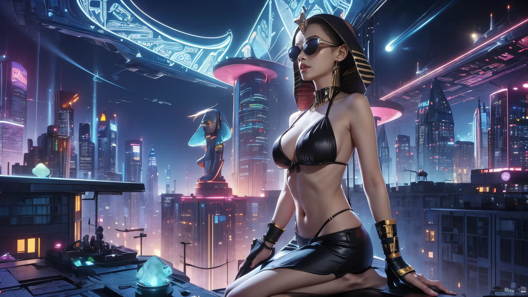 (((a medium-breast bikini slim GIRL with black micro sunglasses))), (((aiming at viewer with a pistol))), a balcony of a futuristic building, aerial view of an ultra-futuristic megalopolis, many metal buildings and houses in dark colors from dark blue to black, a cidade tem tons de cinza metal, has smoky metal structures , industrial environment with smoke and fog around, carros escuros nas ruas, desert megalopolis, trilhos e trens modernos de de metal passando estre as ruas da cidade, tall futuristic metal buildings, many ultra modern buildings around, (((an Egypt sphinx statue on the top of building))), realistic, detailed, sci-fi.