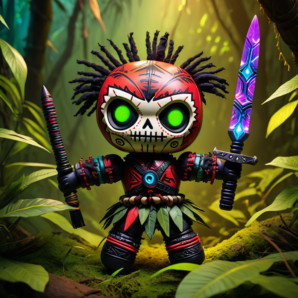 (knitted toy voodoo doll:1.9), (Voodoo Predator:1.3), (Clothing: camouflage armor with glowing hunt symbols:1.0), (Accessories: enchanted spear emitting sparks of stealth magic, levitating spectral helmets:1.1), (background: dense jungle with floating leaves, glowing eyes, and spectral prey:1.2), best quality, masterpiece, detailed soft oil painting, detailed background, dramatic cinematic lighting, soft edge lighting, professional, dramatic lighting, hard edge lighting, ultra quality, 4k, masterpiece, best quality, 8k, ultra high definition, high resolution, extremely detailed
