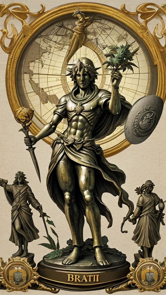 Statue of justice holding the globe with map of Brazil in his right hand and a cannabis leaf in his left hand