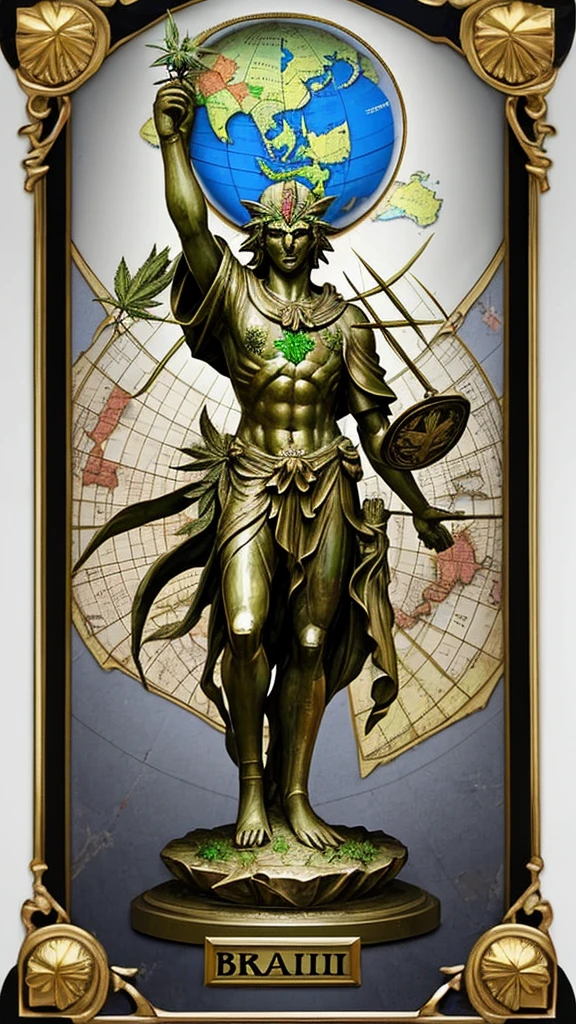 Statue of justice holding the globe with map of Brazil in his right hand and a cannabis leaf in his left hand