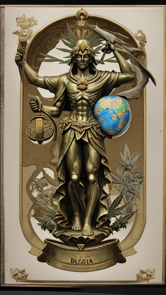 Statue of justice holding the globe with map of Brazil in his right hand and a cannabis leaf in his left hand 