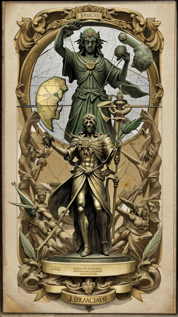 Statue of justice holding the globe with map of Brazil in his right hand and a cannabis leaf in his left hand