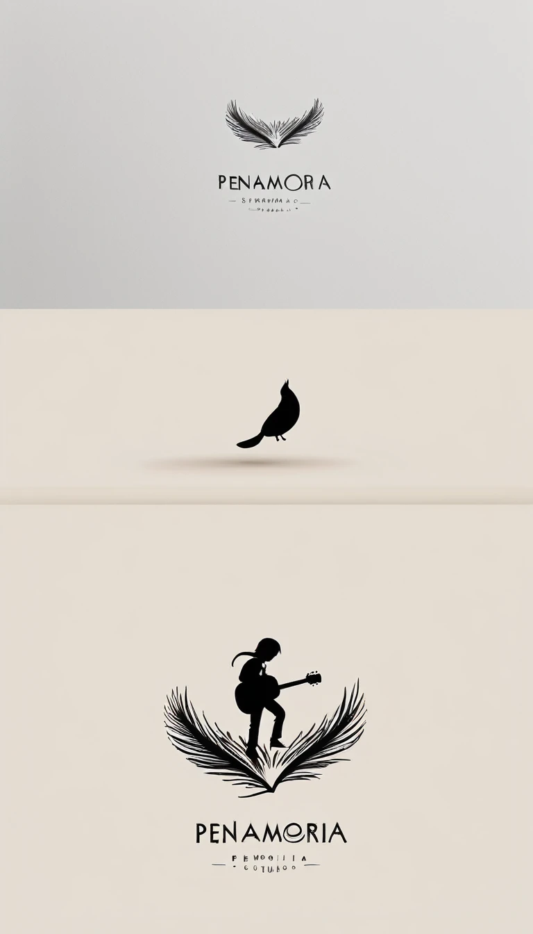 A minimal, modern, simple, cinematic logotype for the brand “Penamemoria". The logotype must be a simple, magical feather and a boy playing acoustic guitar. The logo must convey a sense of music, stories and dreams. Logo design impressed on a book cover. Minimalistic logo