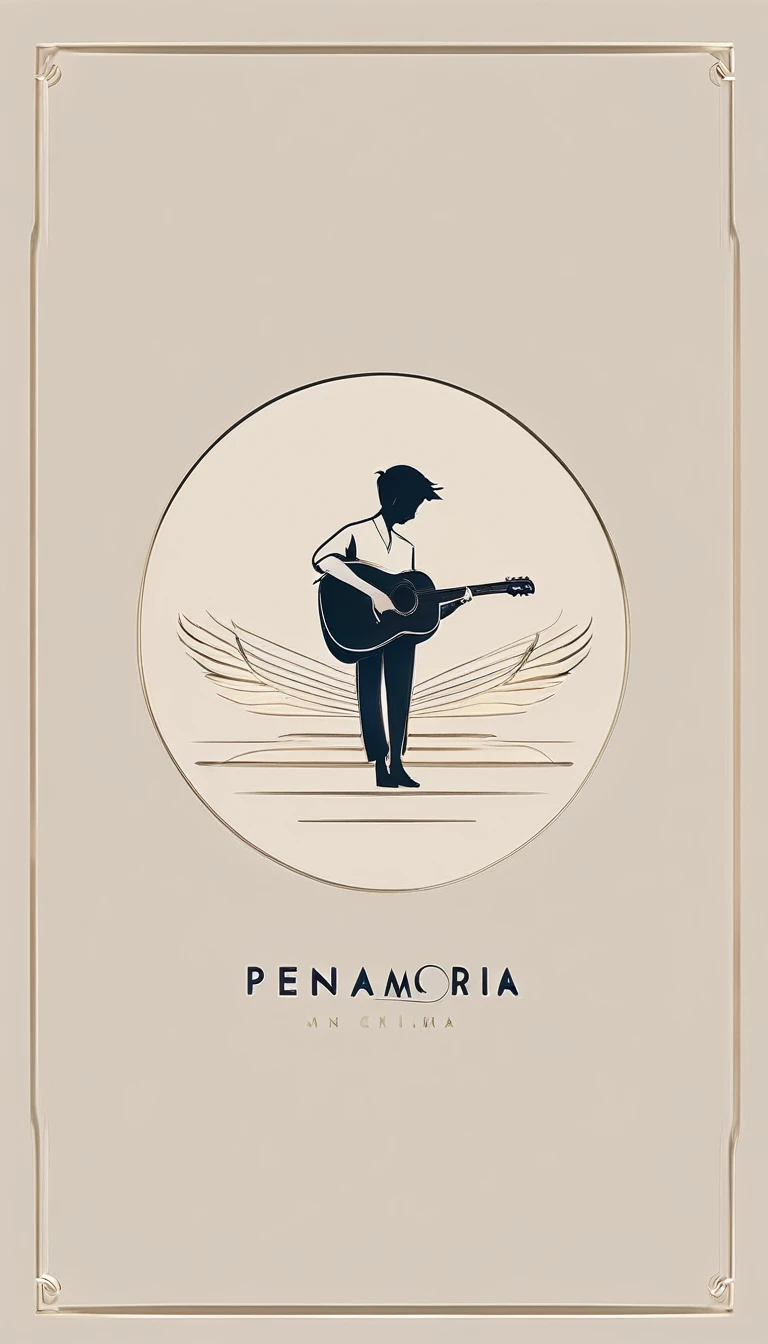 A minimal, modern, simple, cinematic logotype for the brand “Penamemoria". The logotype must be a simple, magical feather and a boy playing acoustic guitar. The logo must convey a sense of music, stories and dreams. Logo design impressed on a book cover. Minimalistic logo