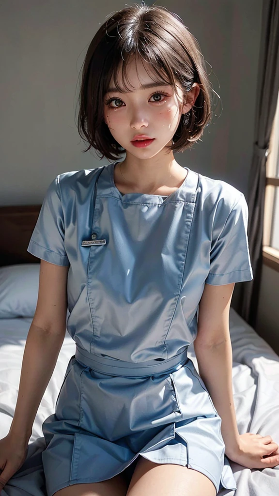 (Highest quality, masterpiece:1.3), ((Beautifully detailed face)), Beautiful and detailed skin, Intricate details, Very detailed, Best image quality in 8K, (18 year old girl:nurse,Nurse uniform,White,mini skirt),Japanese girl,,(Detailed Hair,Bobcut:1.4,Black Hair),Detailed lips,Open your mouth,(Hospital room,bed),blush,Embarrassing,Realistic Face,Realistic Skin,(sexy:2.0,Clothes are disheveled),(Vibrant Skin,Moisturized Skin:1.2),Vivid lips,Lip gloss