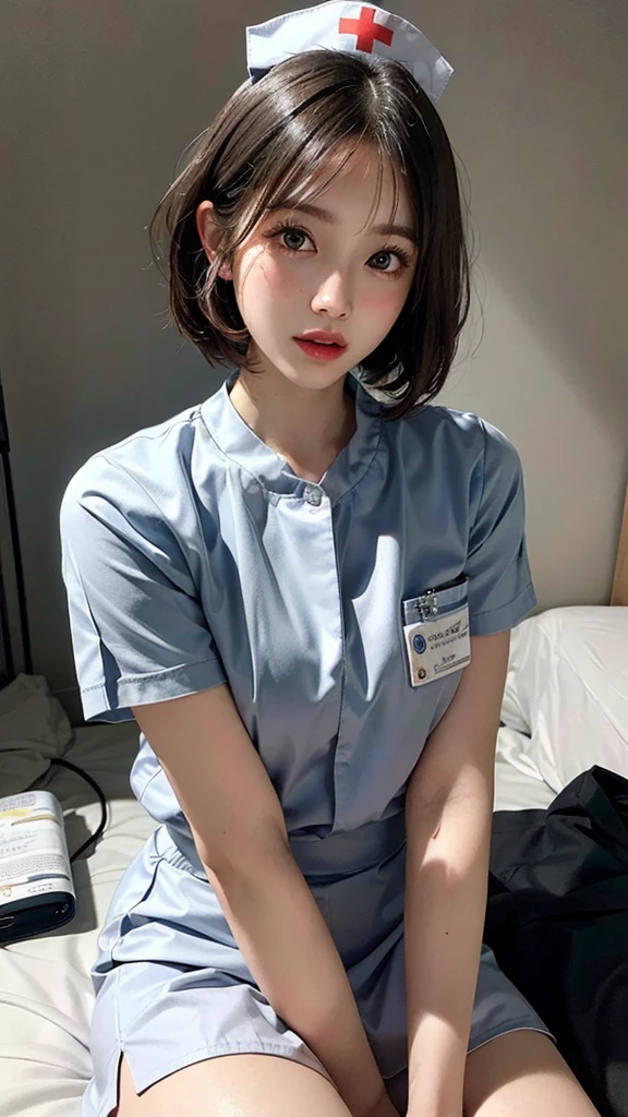 (Highest quality, masterpiece:1.3), ((Beautifully detailed face)), Beautiful and detailed skin, Intricate details, Very detailed, Best image quality in 8K, (18 year old girl:nurse,Nurse uniform,White,mini skirt),Japanese girl,Baby Face,(Detailed Hair,Bobcut:1.4,Black Hair),Detailed lips,Open your mouth,(Hospital room,bed),blush,Embarrassing,Realistic Face,Realistic Skin,(sexy:2.0,Clothes are disheveled),(Vibrant Skin,Moisturized Skin:1.2),Vivid lips,Lip gloss