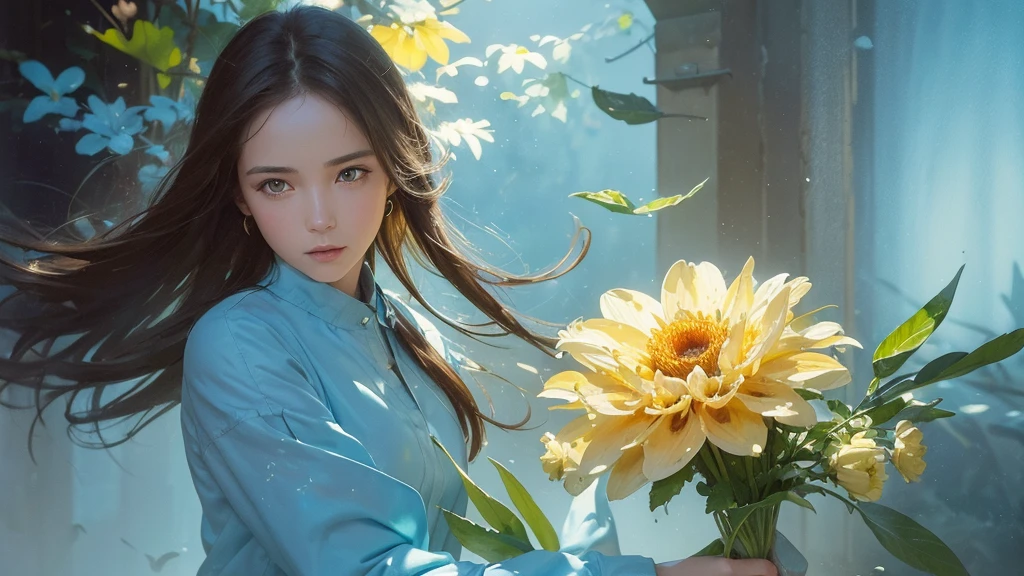 32k, Masterpiece, Highest quality, One girl, Brown Hair, Detailed eyes, flower,Dahlia, Light blue and yellow style,A dreamy, romantic piece,Pale yellow, Mysterious Leaves,A playful arrangement,Fantasy,High Contrast,Ink strokes,explosion,Exposure, Impression of light blue and yellow tones,Abstract,((Watercolours by John Berkey and Jeremy Mann )) Brush strokes,Negative Space, Tyndall effect,