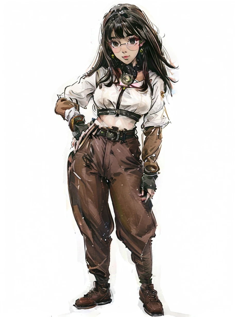 1girl, bandages, belt, black gloves, black hair, boots, breasts, brown footwear, brown hair, brown pants, closed mouth, dark-skinned female, dark skin, earrings, fingerless gloves, full body, glasses, gloves, green eyes, hairband, hand on hip, jewelry, long hair, looking at viewer, mole, necklace, pants, pendant, shirt, solo, standing, white background, white shirt
