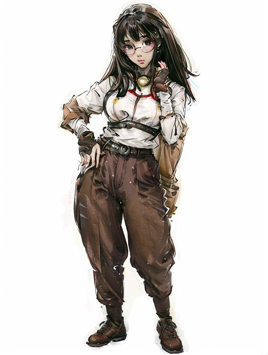 1girl, bandages, belt, black gloves, black hair, boots, breasts, brown footwear, brown hair, brown pants, closed mouth, dark-skinned female, dark skin, earrings, fingerless gloves, full body, glasses, gloves, green eyes, hairband, hand on hip, jewelry, long hair, looking at viewer, mole, necklace, pants, pendant, shirt, solo, standing, white background, white shirt