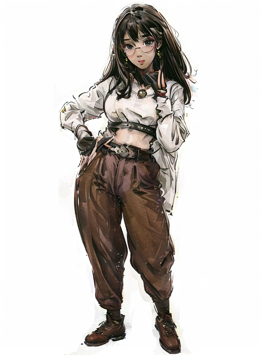 1girl, bandages, belt, black gloves, black hair, boots, breasts, brown footwear, brown hair, brown pants, closed mouth, dark-skinned female, dark skin, earrings, fingerless gloves, full body, glasses, gloves, green eyes, hairband, hand on hip, jewelry, long hair, looking at viewer, mole, necklace, pants, pendant, shirt, solo, standing, white background, white shirt