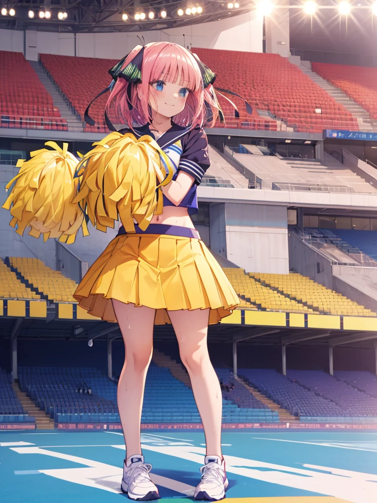 (8K, Highest quality, Highest quality, masterpiece), big breasts, cheerleader, pom pom, midriff, miniskirt, stadium, standing, sweat, smile, (fullbody), nn11girl, hair ribbon, long hair, anime girl