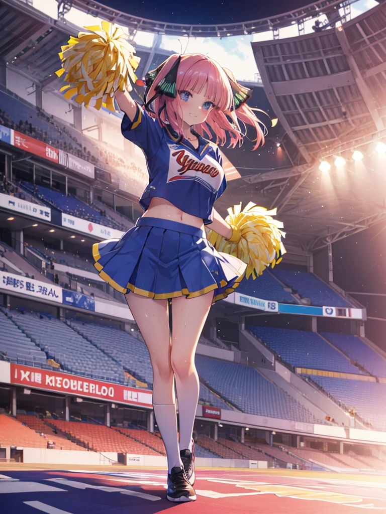 (8K, Highest quality, Highest quality, masterpiece), big breasts, cheerleader, pom pom, midriff, miniskirt, stadium, standing, sweat, smile, (fullbody), nn11girl, hair ribbon, long hair, anime girl

 
