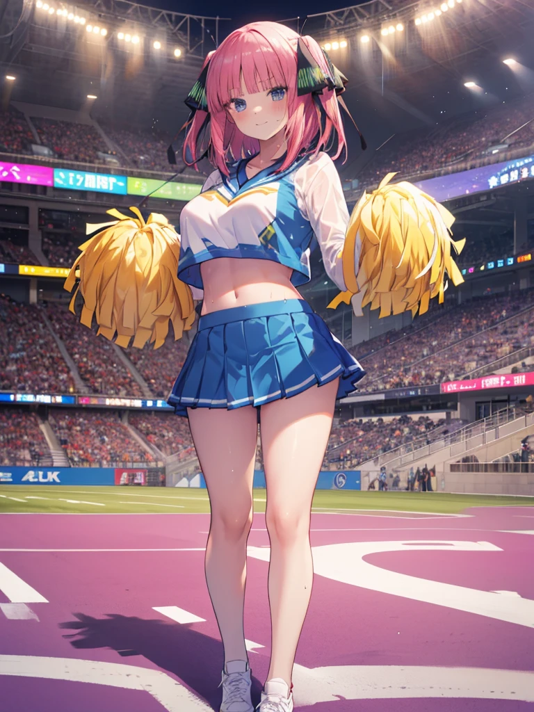 (8K, Highest quality, Highest quality, masterpiece), big breasts, cheerleader, pom pom, midriff, miniskirt, stadium, standing, sweat, smile, (fullbody), nn11girl, hair ribbon, long hair, anime girl