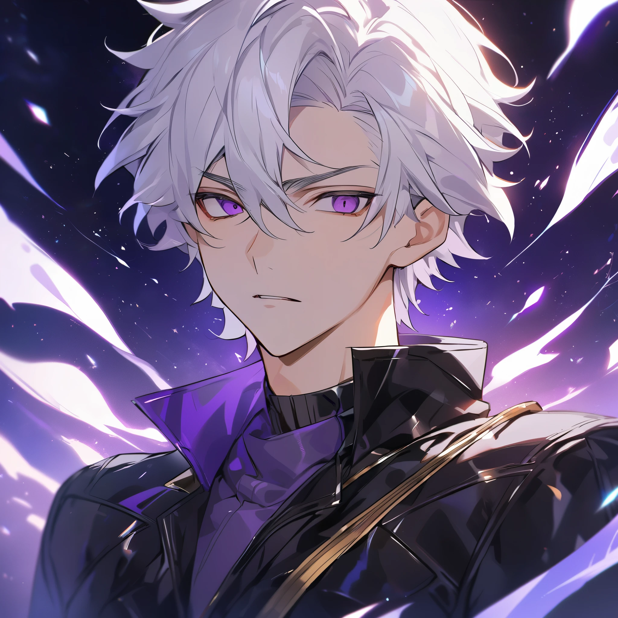 High quality, HD, 4k, no shadows, handsome male, 1male, 17 years old, teenager, golden lining, short white hair, sharp eyes, dark purple eyes, deep purple eyes, devil may cry, close up, calm expression, stoic expression, black leather clothes, lean body, well trained body, upper body, looking at viewer, cowboy shot, white solar, space background